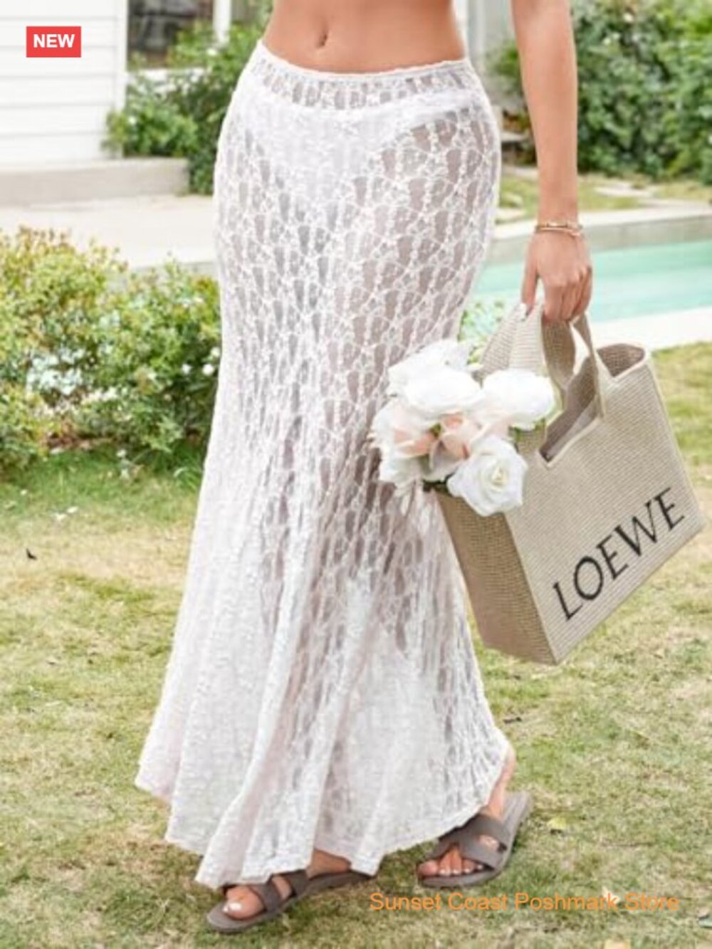 Sheer Lace High Waist A-Line Maxi Skirt Flowy Beach Cover Up - Picture 3 of 7